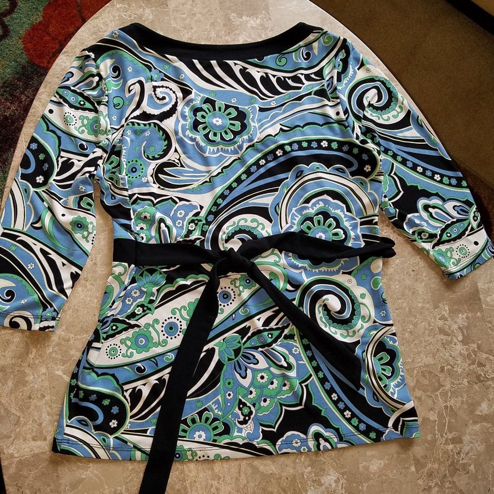 New York & Co. Bold Paisley Print Tie Front Blouse Blue/Black M